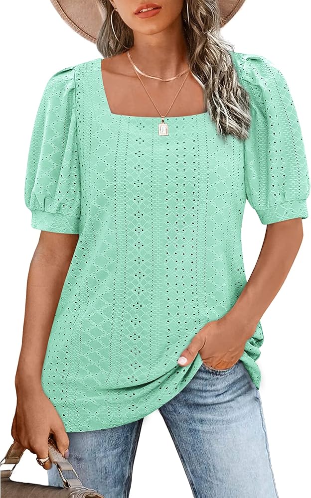 BZB Womens Summer Tops 2024 Square Neck Short Sleeve Tunic Tops Eyelet T-Shirts S-2XL