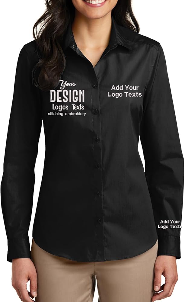 INK STITCH Women LW100 Custom Personalized Embroidery Add Logo Texts Easy Care Long Sleeve Dress Buttondown Shirts