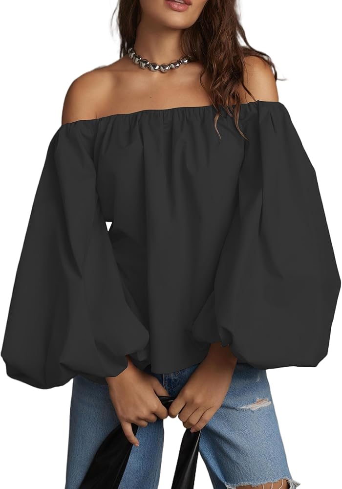 Women’s Casual Off Shoulder Ruched Top Lantern Long Sleeve Crop Tops Cute Puffy Loose Flowy Blouse Shirt