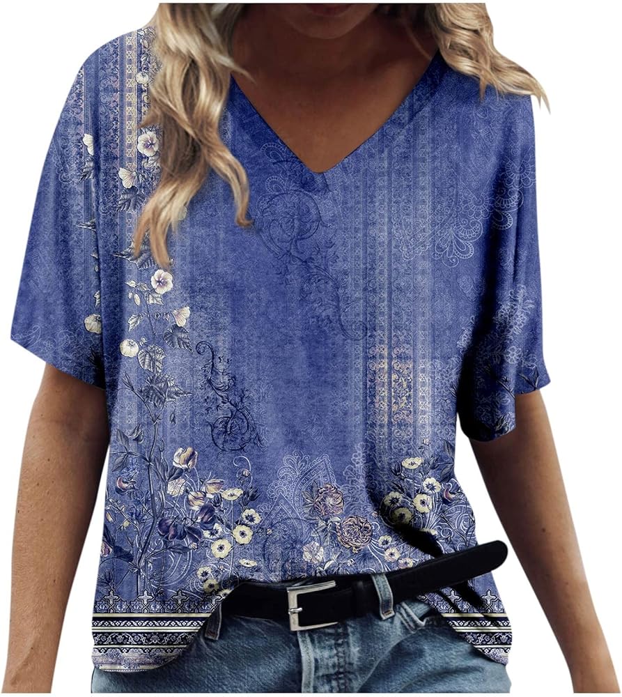 Fashion Blouses, Women's Fashion Casual Print V-neck Short Sleeves Printed T-shirt