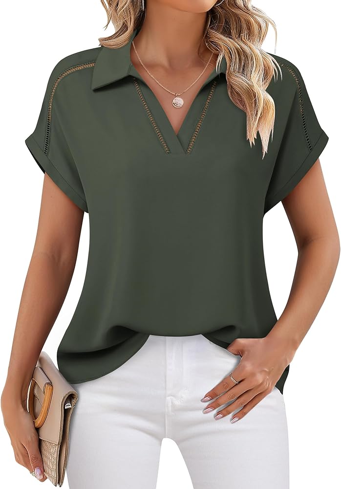 Timeson Women's Short Sleeve Chiffon Blouses Office Work Dress Shirts Business Casual Tops