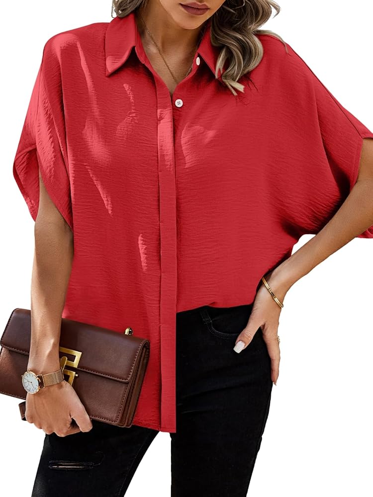 Theenkoln Womens Casual Button Shirt: Summer Short Sleeve Button Down Work V-Neck Loose Fashion Top Blouses