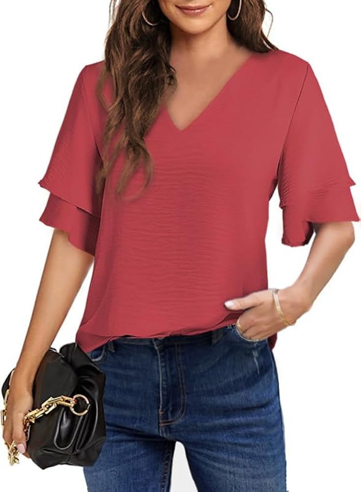 SHEWIN Womens Summer Tops Casual V Neck Ruffle Short Sleeve Loose Blouses Shirts