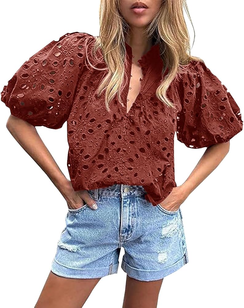 Eyelet Tops for Women Boho Lace Embroidered Blouse Puff Sleeve V Neck Button Down Summer Dressy Business Casual Shirt