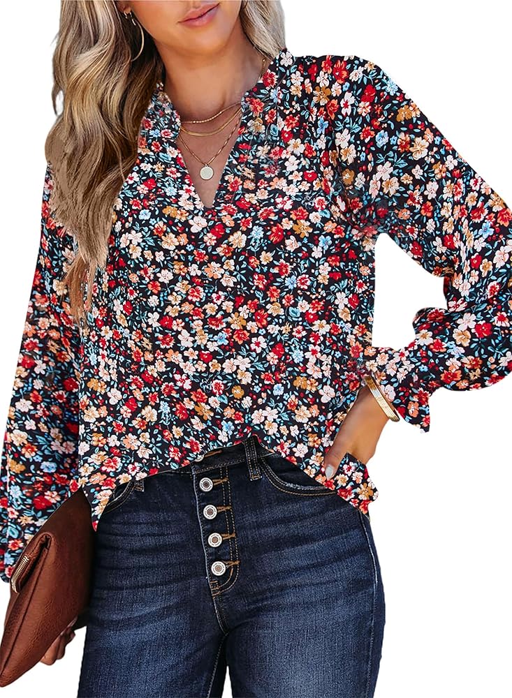 HOTOUCH Women Boho Floral Print Blouses V Neck Puff Long Sleeve Tops Loose Casual Dressy Peasant Blouses Shirts 2024