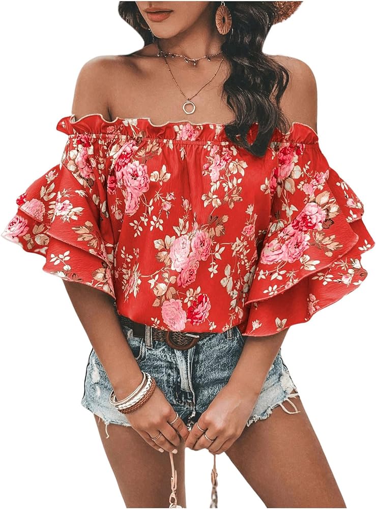 SOLY HUX Women's Floral Print Blouse Off Shoulder Ruffle Trim Half Sleeve Summer Tops