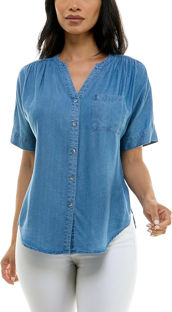 Zac & Rachel Women's Button Up Tencel Top with Short Sleeve and Front Tie Fashion Detail