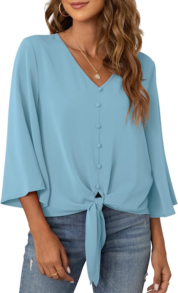 VIISHOW Women's Button V Neck Chiffon Tops 3/4 Bell Sleeve Tie Knot Casual Blouses Loose Summer Shirts