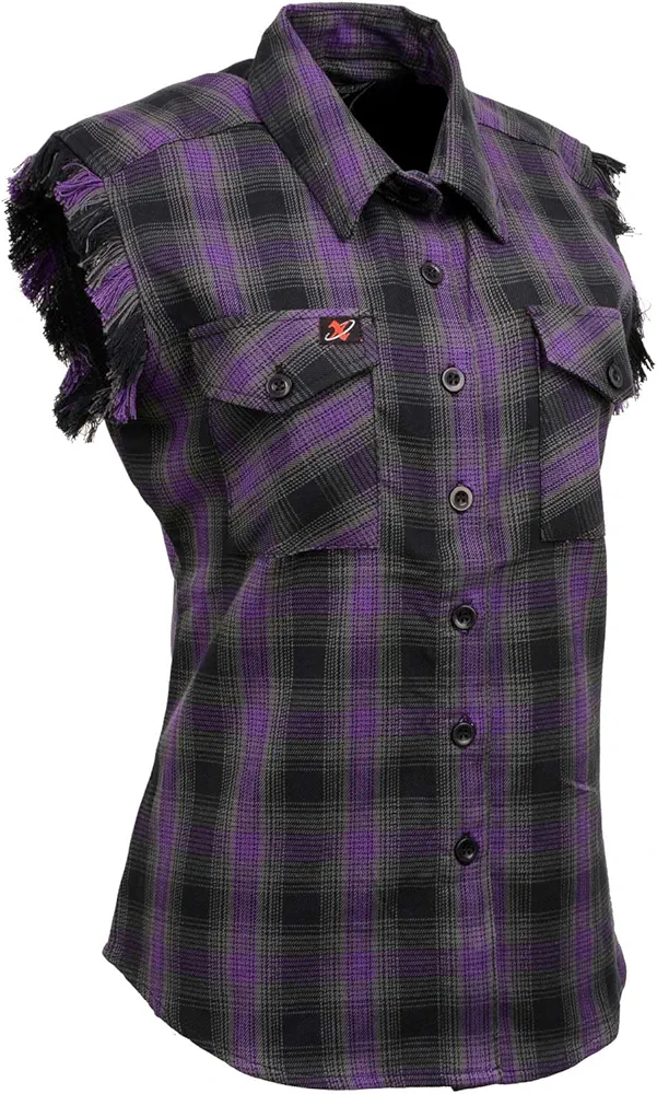 Milwaukee Leather MNG21624 Women's Flannel Black/Purple Button Down Sleeveless Cut Off Shirt w/Frill Arm - 2X-Large