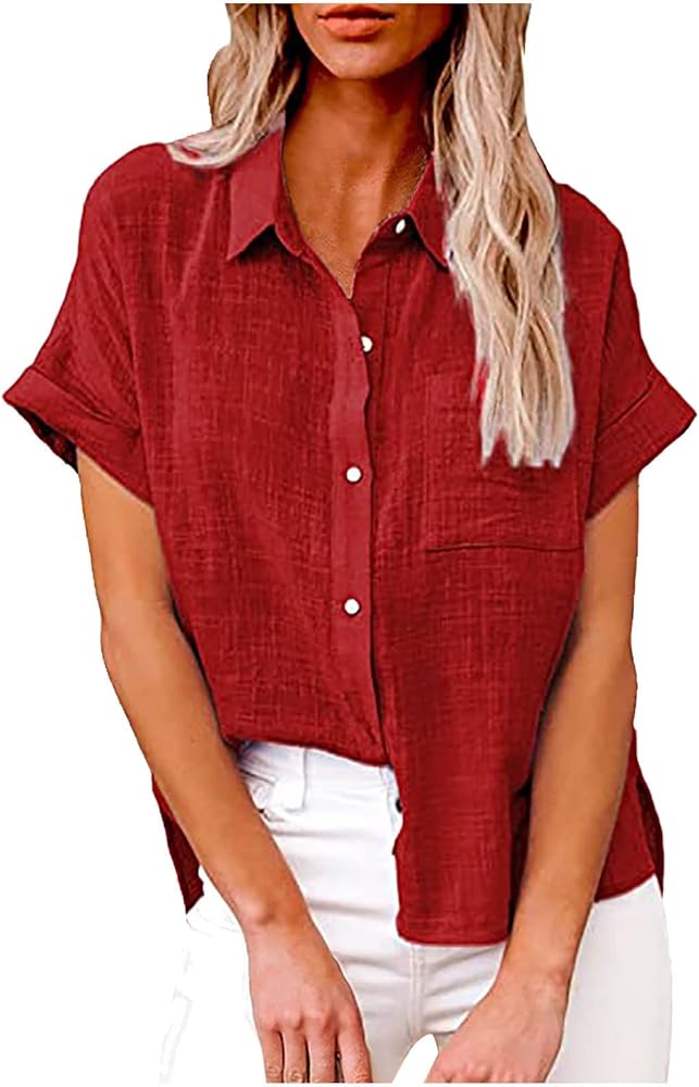 SMIDOW Womens Button Down Cotton Linen Shirts V Neck Roll Up Short Sleeve Blouses Loose Collared Shirt Casual Work Tops