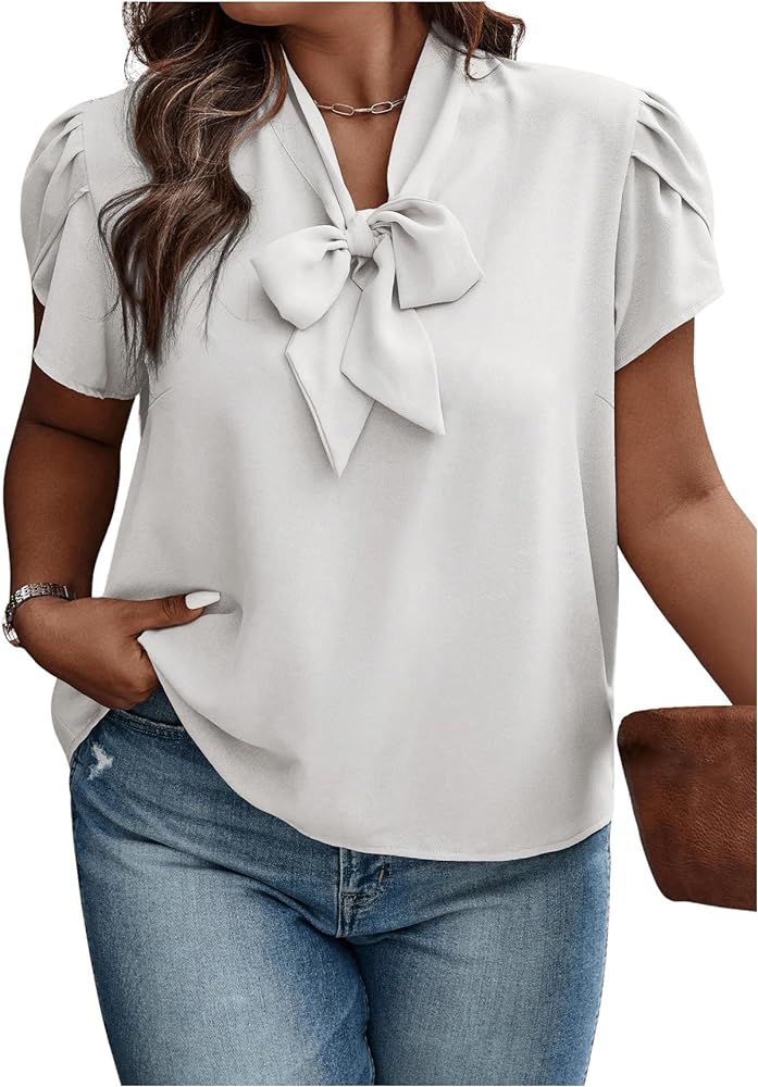 Verdusa Women's Plus Size Bow Tie Neck Petal Sleeve Blouse Office Work Shirt Top