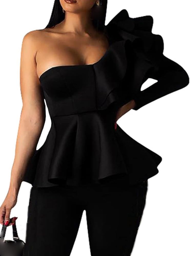 xxxiticat Women's Chic Ruffle Trim High Class Shirt Tops Tube Top Long Sleeve Peplum Bodycon Slim Fit One Shoulder Blouse