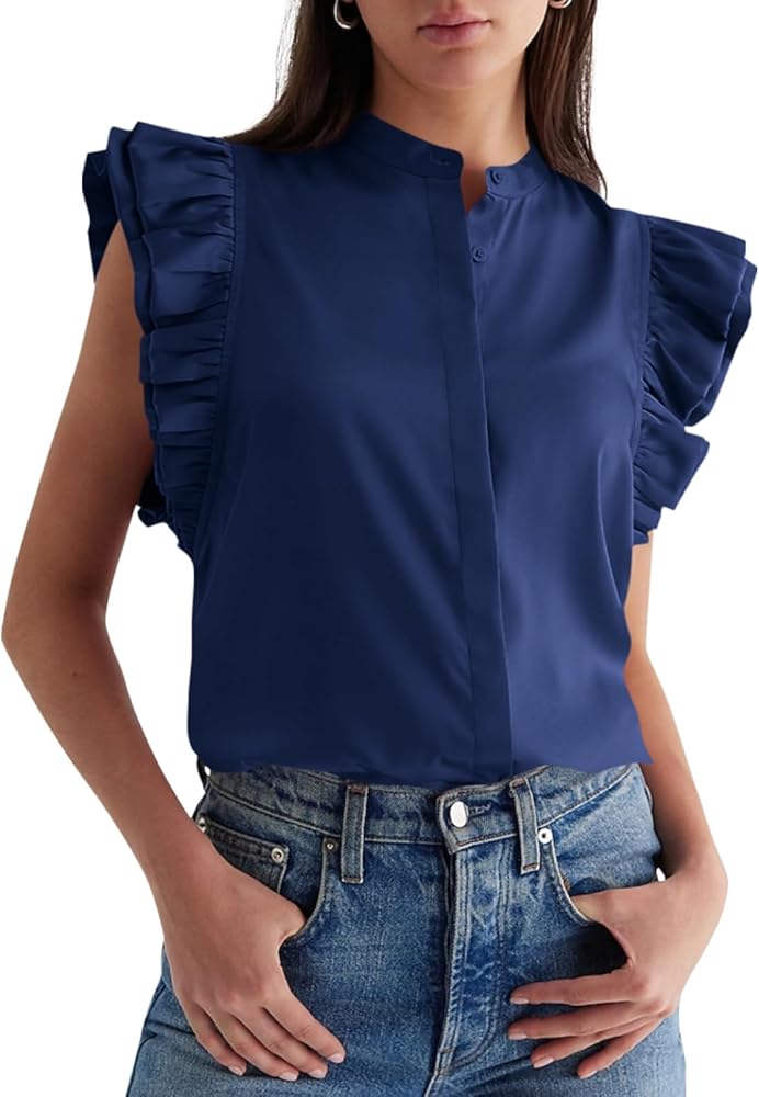 Cicy Bell Womens Summer Ruffle Sleeve Shirts Casual Fashion Crew Neck Button Down Blouse Tops