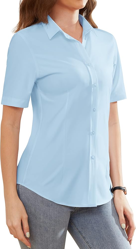 Womens Dress Shirts Wrinkle-Free Button Down Short Sleeve Shirts for Women Collared Work Shirt