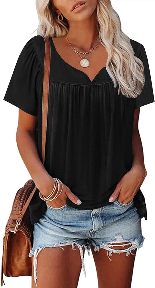 Womens Summer Tops 2024 Vacation Casual Pleated Short Sleeve Shirts Trendy V Neck Tee Shirt Loose House Floral Basic Blouse