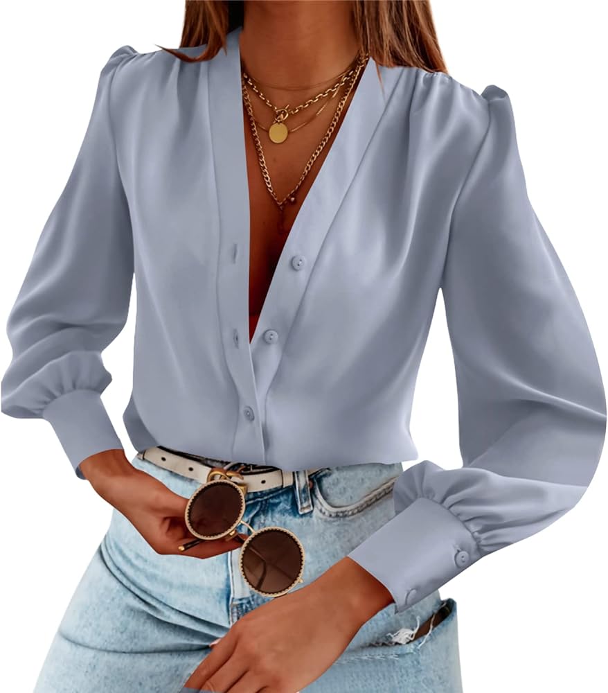 Women's Business Casual Tops Summer Long Sleeve Silk Button Down Shirts V Neck Chiffon Blouses…