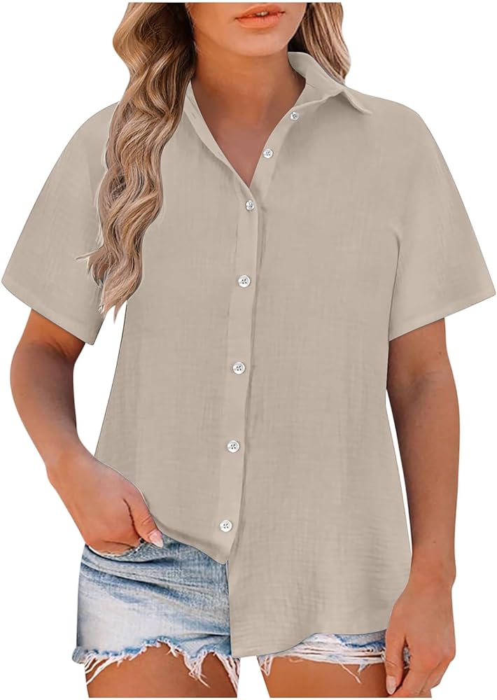 Cotton Linen Button Down T-Shirt Women's Plus Size Collared Short Sleeve Tunic Tops Relaxed Fit Dressy Solid Blouses