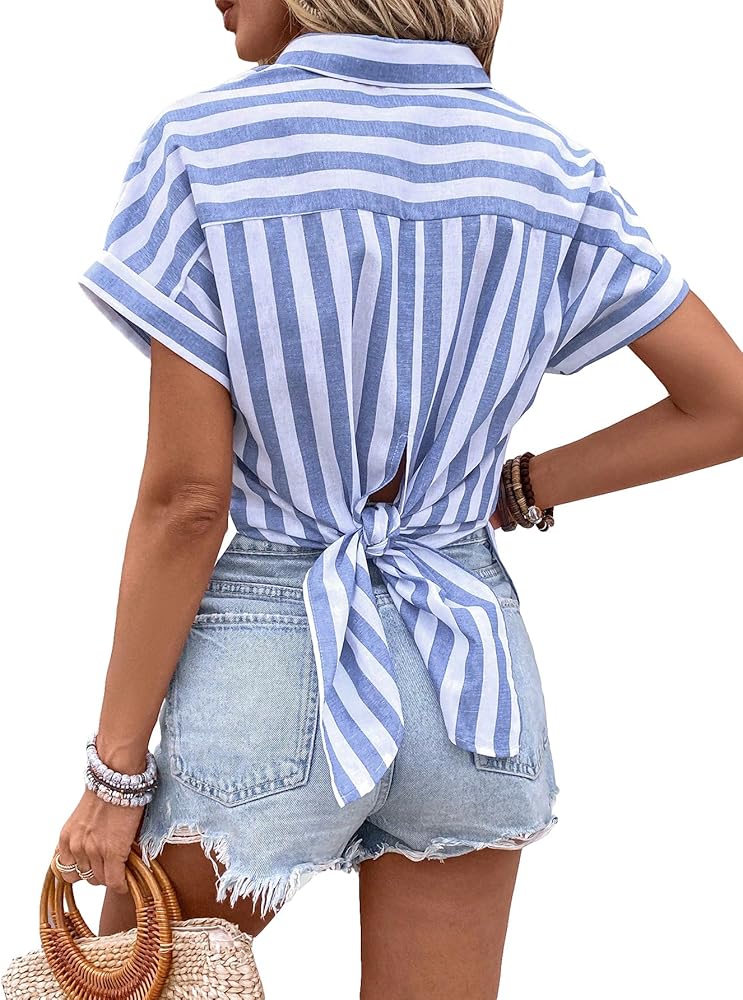 Verdusa Women's Striped Split Tied Back Short Sleeve Button Up Blouse Tops