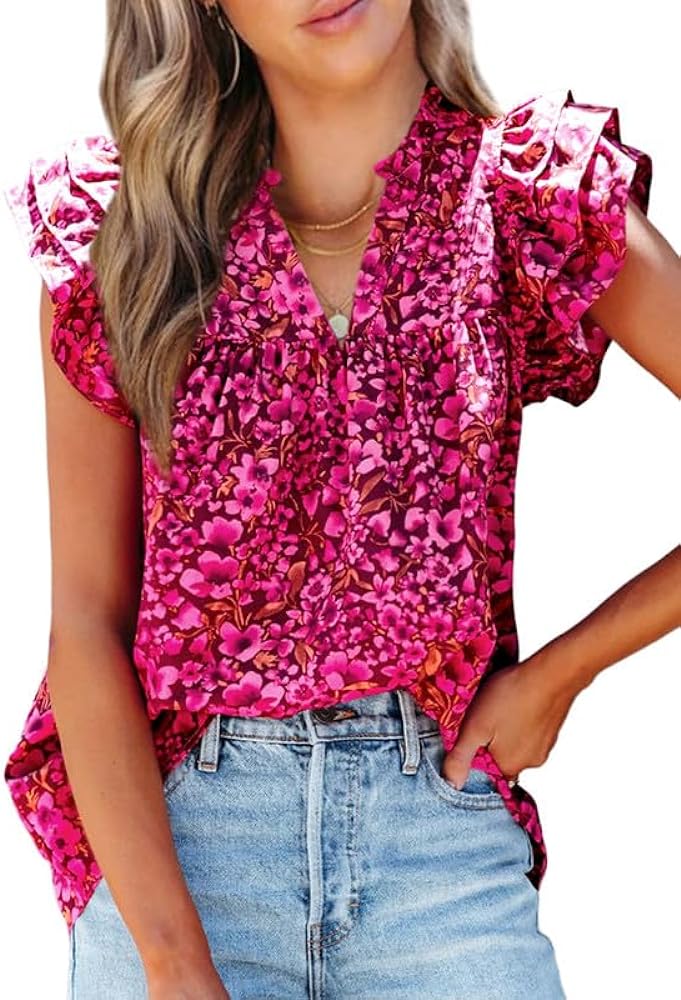 SHEWIN Women's Casual Boho Floral V Neck Ruffle Short Sleeve Loose Blouses Tops