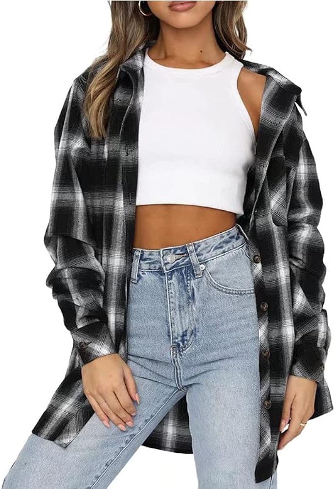 Flannel Shirts for Women Oversized Plaid Soft Flannel Button Down Shirt Blouses