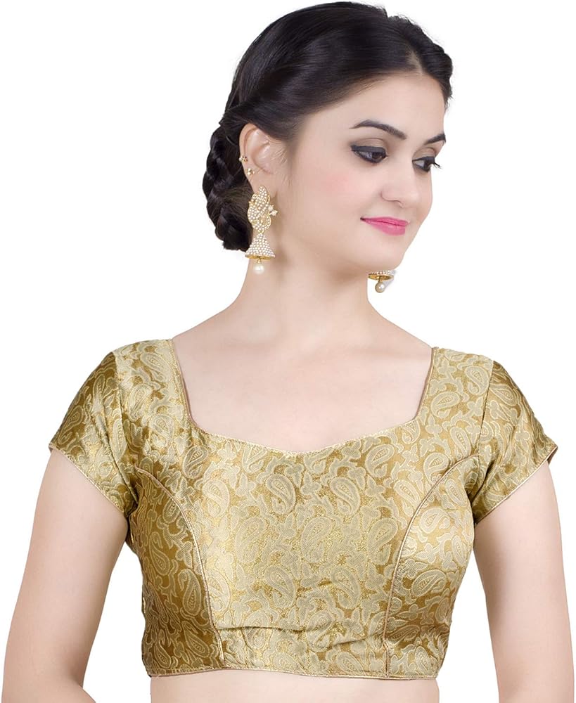 Chandrakala Brocade Banarasi Blouses for Women sarees,Readymade Gold Paisley,X-Small (B113)