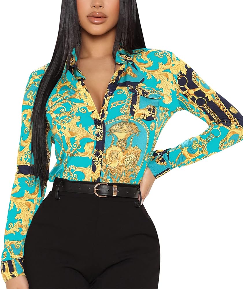 Womens Sexy V-Neck Blouses Shirt Dress Long Sleeve Floral Button Down Collar Shirts