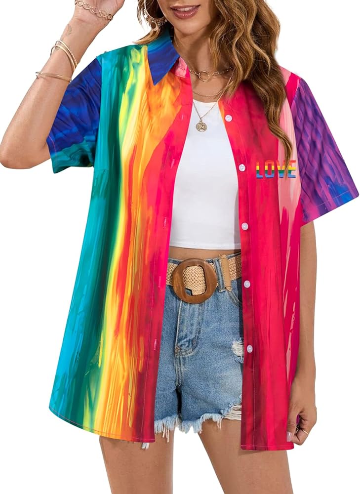 Pride Shirt Women Lesbian Pride Button Down Shirts LGBT Hawaiian Tops Pride Month Outfits Lgbtq Ally Clothes