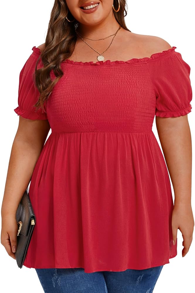 Pinup Fashion Women's Plus Size Off The Shoulder Tops Summer Long Bell Sleeve Smocked Tunic Tops 1X-5X