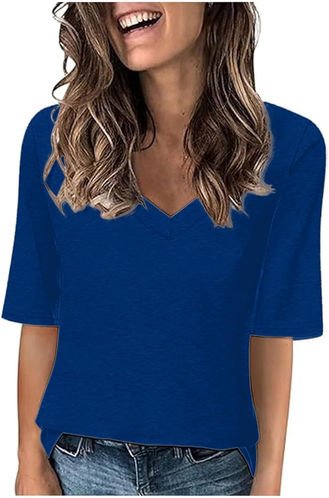 Ladies Tops and Blouse 1/2 Sleeve Summer Shirts Solid Color Basic Tops Casual Tee Shirts Loose Fitted Tunic Tops