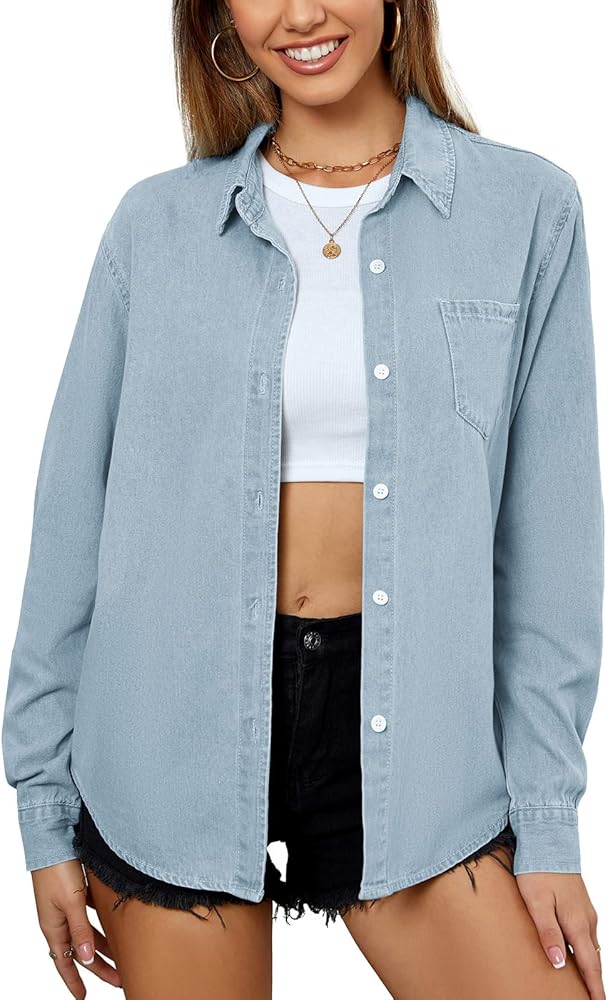 PJ PAUL JONES Women's Button Down Jean Shirt Casual Long Sleeve Classic Denim Blouse Relaxed Fit Chambray Shirt One Pocket