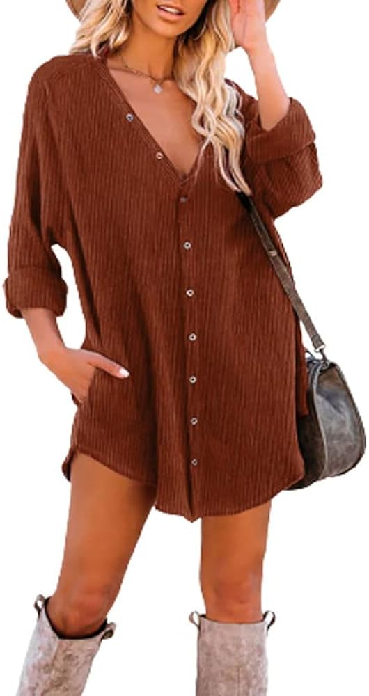 Dokotoo Women's Corduroy Long Sleeve Button Down Shirts Tunic Dresses with Pockets