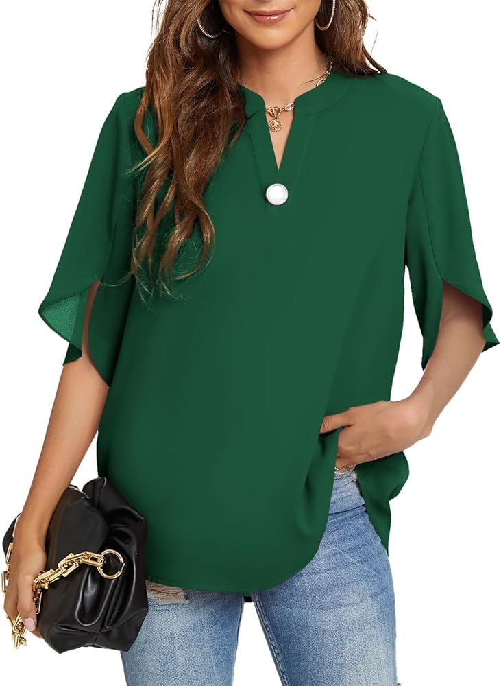 Funlingo Women's Summer Tops Short Sleeve Casual Shirts V Neck Chiffon Dressy Blouse Tops