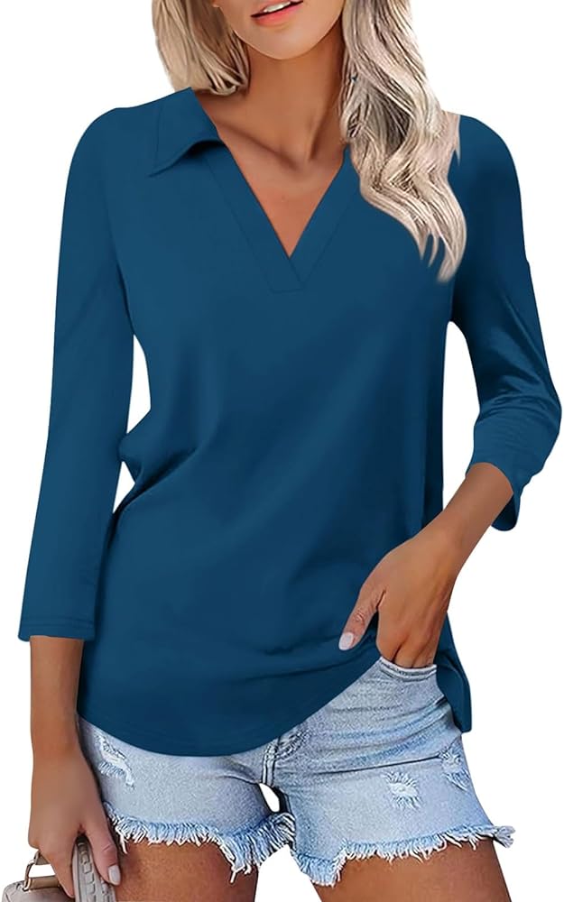 Women's 3/4 Sleeves V Neck Polo Shirts Business Casual Tops Collared Outfits Pullover Blouses Shirts