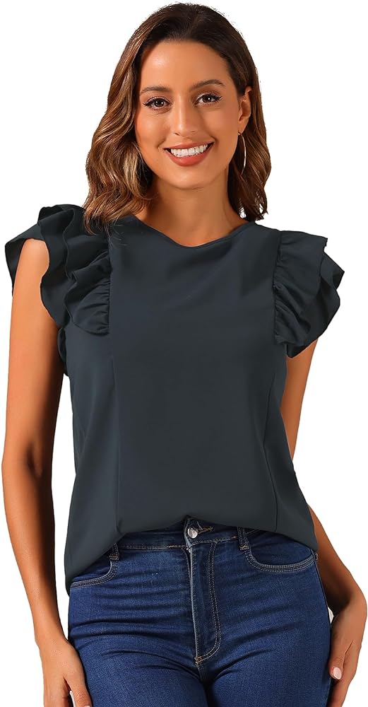 Allegra K Ruffle Shirt for Women's Summer Round Neck Layer Cap Sleeve Blouse Tops