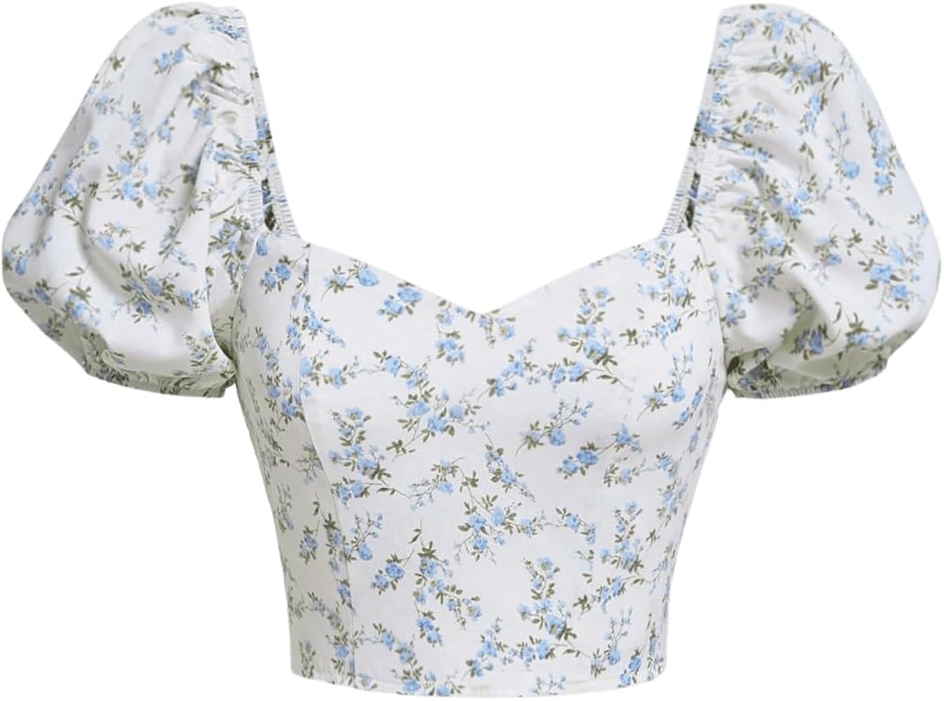 Verdusa Women's Floral Print Short Puff Sleeve Bow Front Asymmetrical Hem Crop Blouse Top