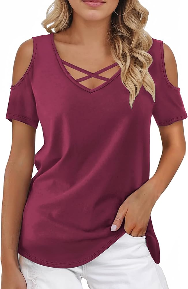 Womens Summer Trendy Shirts V Neck Criss Cross Cold Shoulder Tops Solid Color Fashion Casual Loose Sexy Blouse