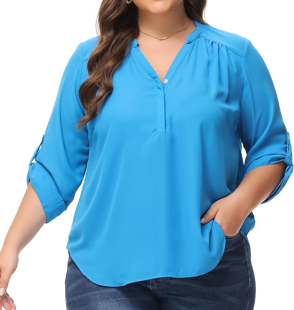 MCEDAR Womens Plus Size 3/4 Roll Sleeve Tops Chiffon Blouses Split V Neck Floral Casual Summer Dressy Work Tops