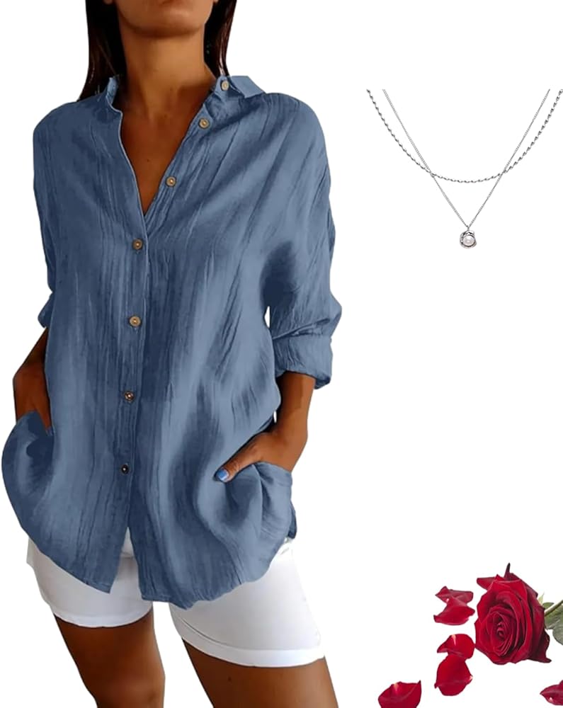 Classic Pleated Textured Single-Breasted Lapel Shirt for Women,Summer Lightweight Roll Up Sleeve Button Blouses