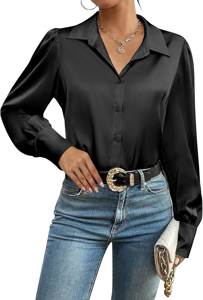 Zeagoo Womens Satin Blouse Lantern Long Sleeve Silk Button Down Shirt Dressy Casual Business Work Tunic Tops