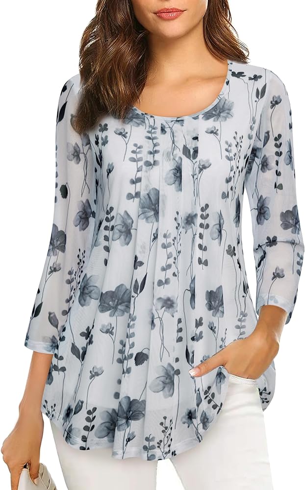 VALOLIA Women's 3/4 Sleeve Tunic Tops Casual Loose Fit Floral Blouses Mesh Pleated Layered Shirt