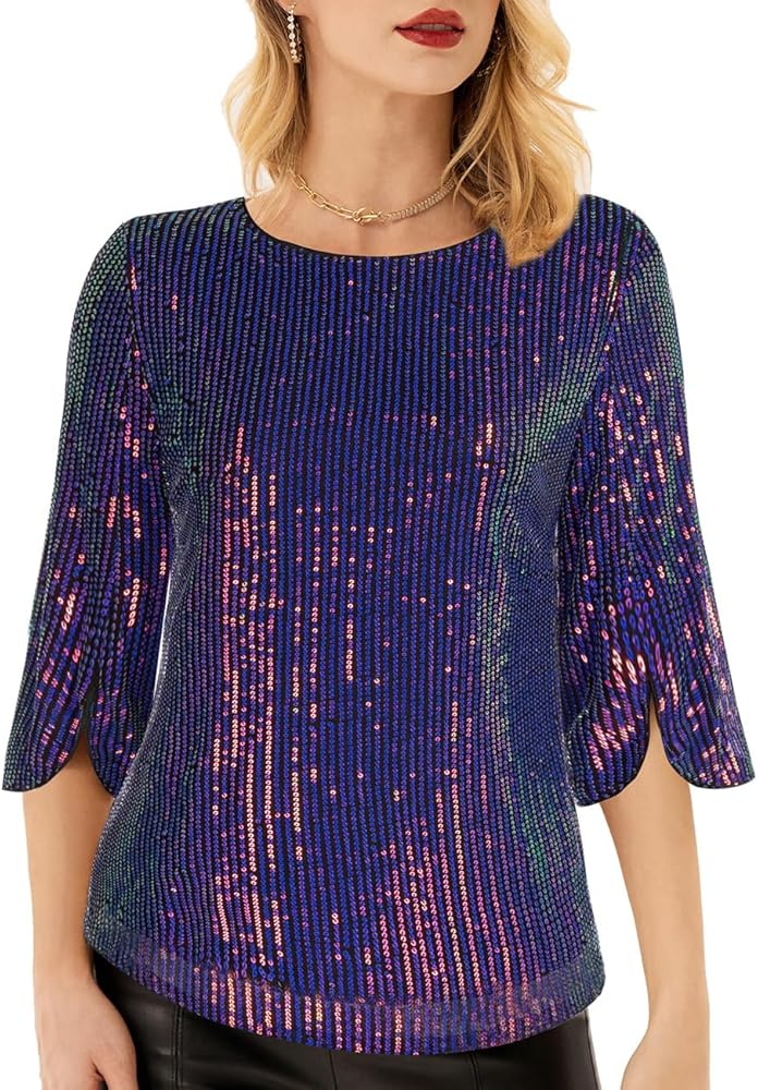 Women's Sparkle Sequin Party Blouse Tops Shimmer Glitter 3/4 Slit Sleeve Dressy Tops