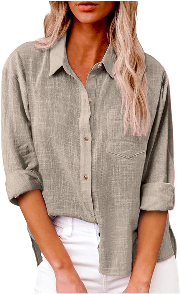 Linen Shirts for Women Summer Long Sleeve Lapel Button Down Blouse Lightweight Gauze Loose Casual Fashion Shirt Clothes