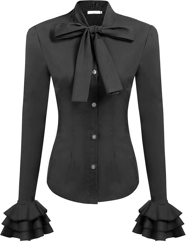 Zeagoo Women Bow Tie Neck Blouses Ruffle Long Sleeve Shirts Button-Down Office Work Casual Tops XS-3XL