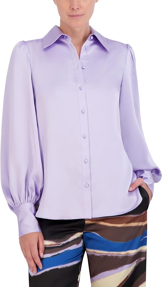 BCBGMAXAZRIA Women's Long Balloon Sleeve Collar Neck Satin Shirt