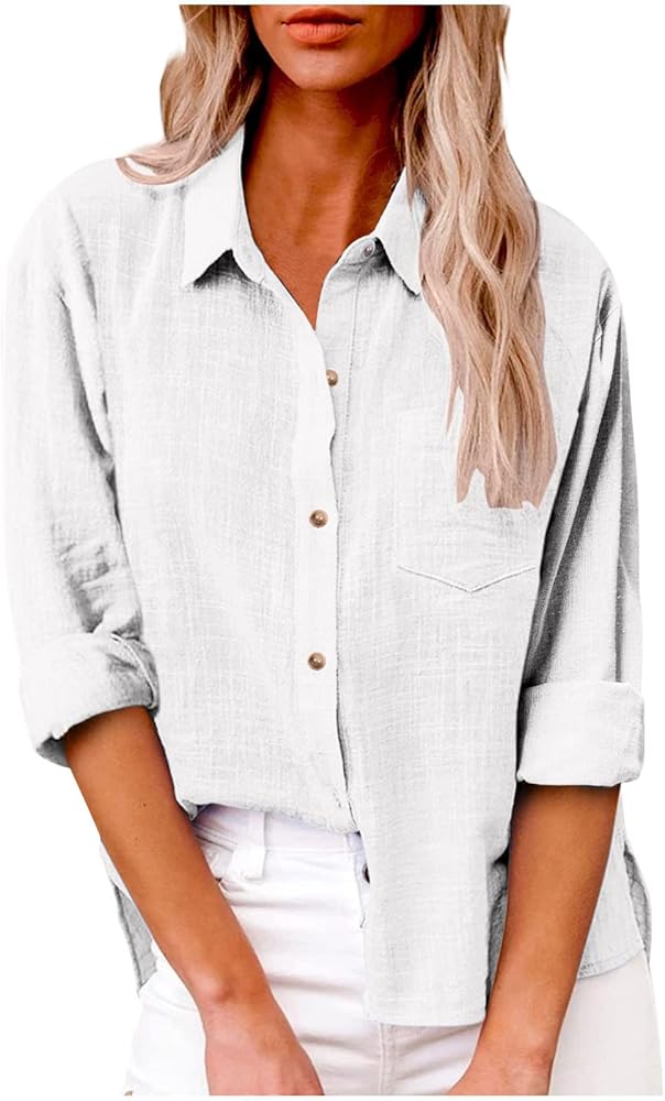 Linen Shirts for Women Summer Long Sleeve Lapel Button Down Blouse Lightweight Gauze Loose Casual Fashion Shirt Clothes