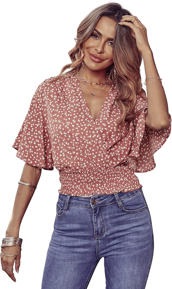 SweatyRocks Women's Short Butterfly Sleeve Ditsy Floral Wrap V Neck Shirred Blouse Crop Top