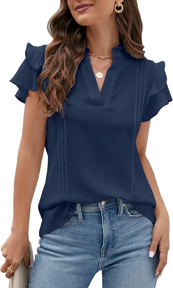 Blooming Jelly Womens Dressy Casual Tops Ruffle Short Sleeve V Neck Shirts Elegant Business Work Blouse