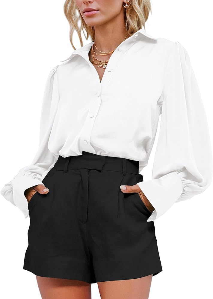 BTFBM Women Satin Button Down Shirts Summer Spring Lantern Long Sleeve Lapel V Neck Blouse Loose Casual Office Work Tops