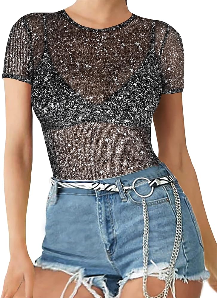 MANGOPOP Glitter Sheer Mesh Top Women Short Long Sleeve Sexy Shirt See Through Clubwear Tee Slim Blouse