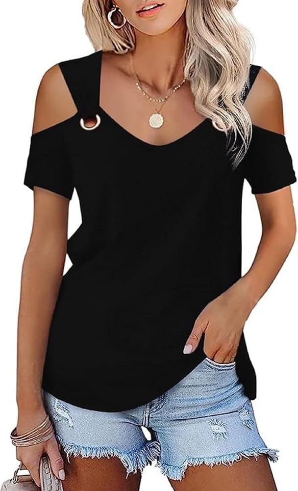 Womens Fashion Cold Shoulder Tops V Neck Blouse Tunic Shirts Summer Short Sleeve T Shirts